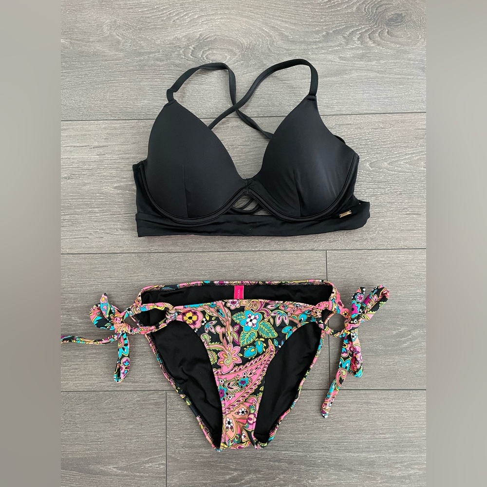 Black Floral Bikini Set Victoria’s Secret Pink S/M VEX lulu